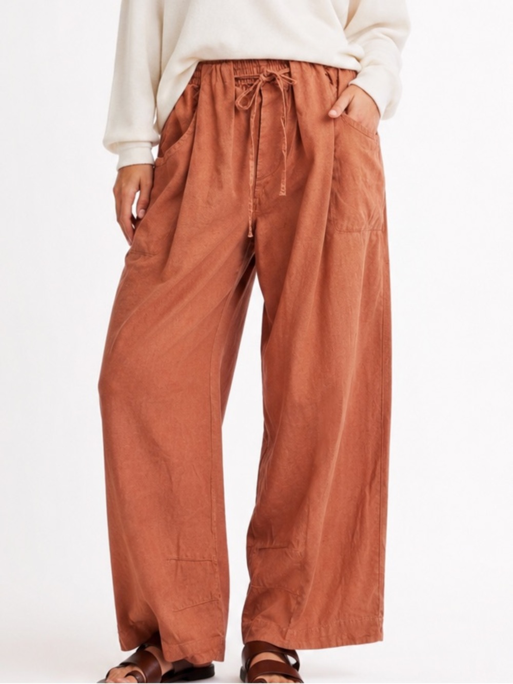 Free People Wide Leg Drawstring Pants in Rust - Picture 1 of 8